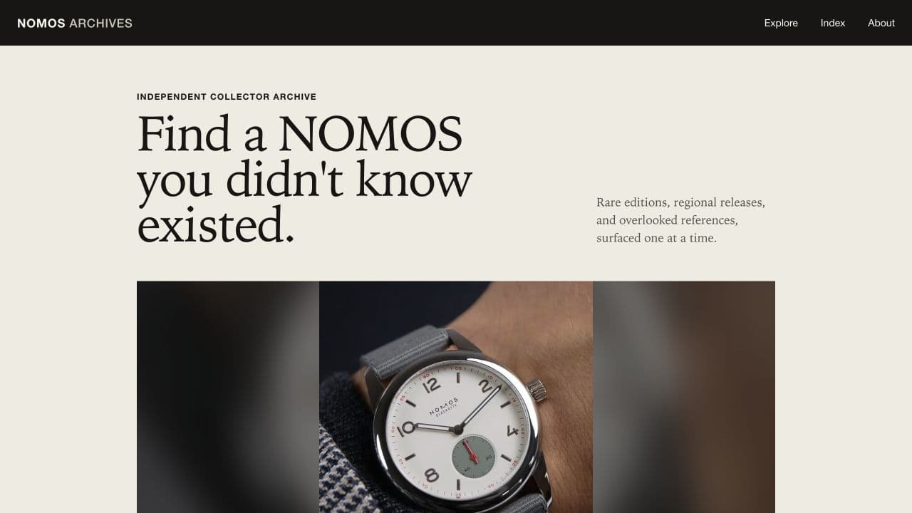 Nomos Archives homepage featuring a NOMOS watch on the wrist